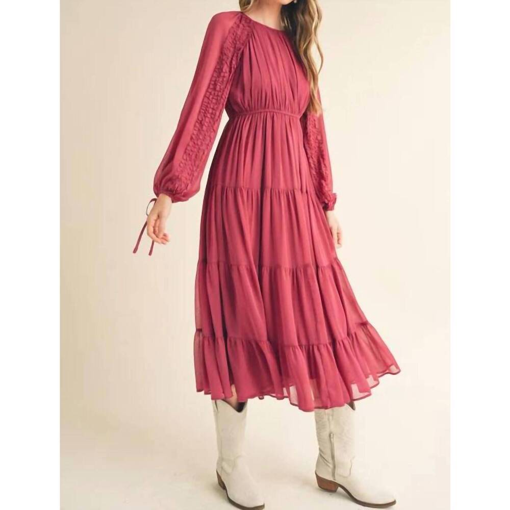 NEW &MERCI tiered ruffle sleeve midi dress in raspberry
